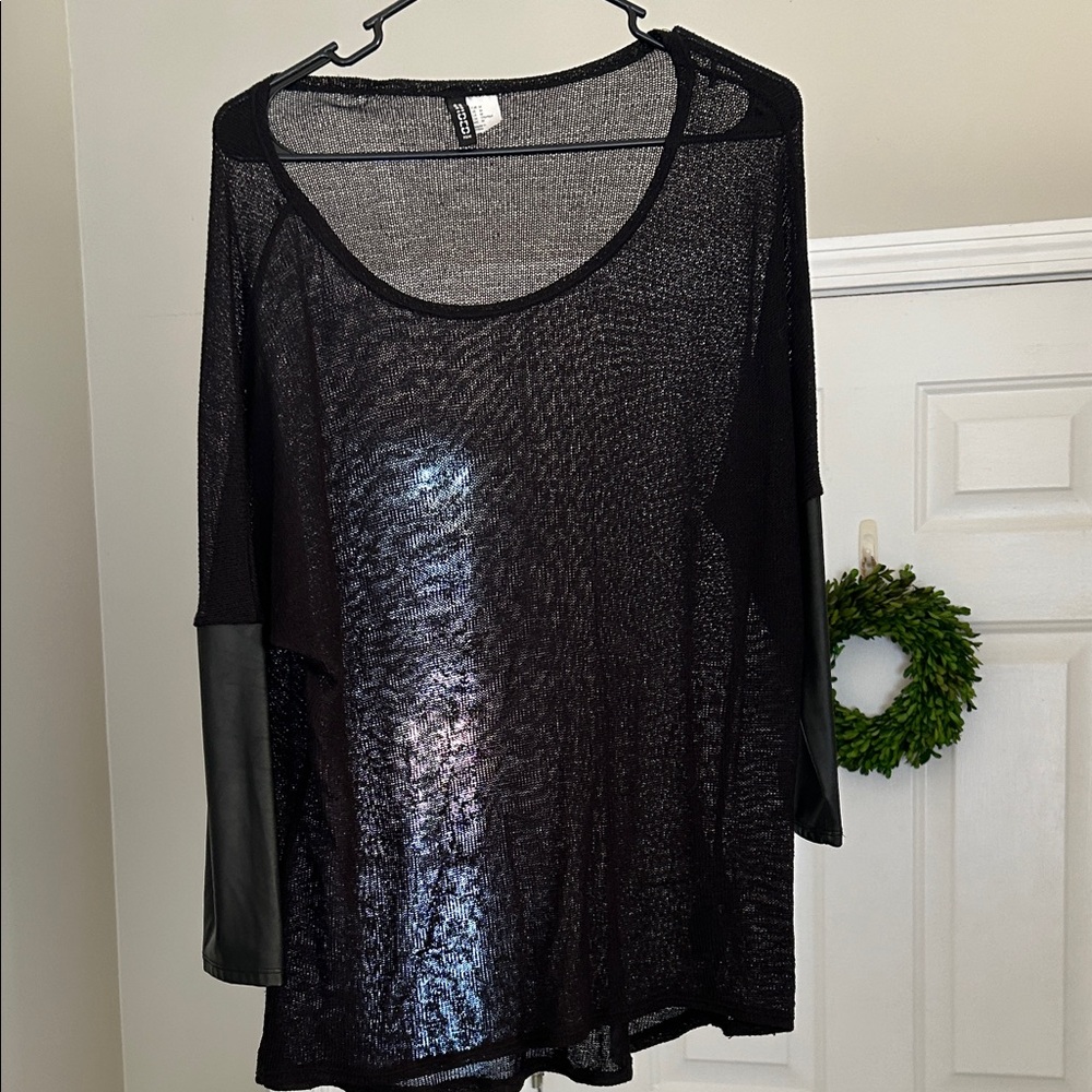 Divided Black Sheer Blouse with Faux Leather Sleeves